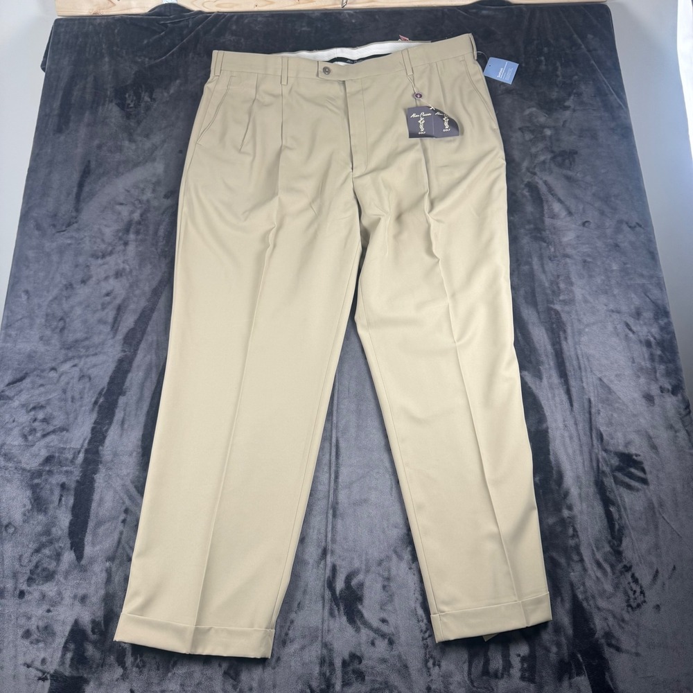 Alan Flusser Golf Pants Mens 44x32 Tan Pleated Cuffed Sorbtek Moisture Wicking